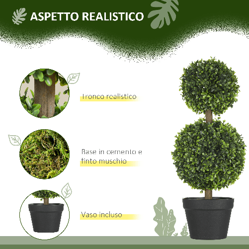 HOMCOM-Set-da-2-Piante-di-Bosso-a-2-Sfere-Realistiche-con-Vaso-incluso-a-Fondo-Rinforzato-ed-erba-60-cm