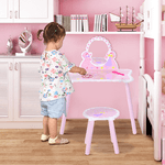 HOMCOM---Set-Specchiera-Giocattolo-con-Sgabello-per-Bambine-in-Legno-Rosa
