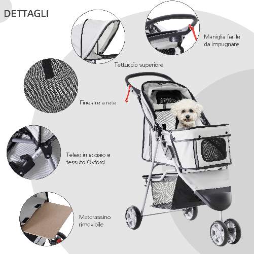 PawHut-Passeggino-per-Cani-Pieghevole-Carrello-per-Animali-Domestici-Carrello-Carrozzina-Grigio-75-x-45-x-97cm