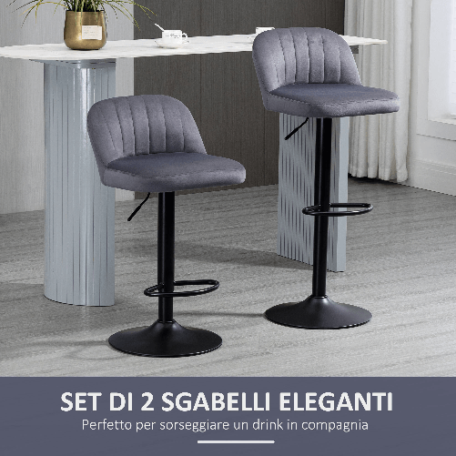 HOMCOM-Set-2-Sgabelli-da-Bar-con-Schienale-e-Poggiapiedi-Girevoli-con-Altezza-Regolabile-Grigio