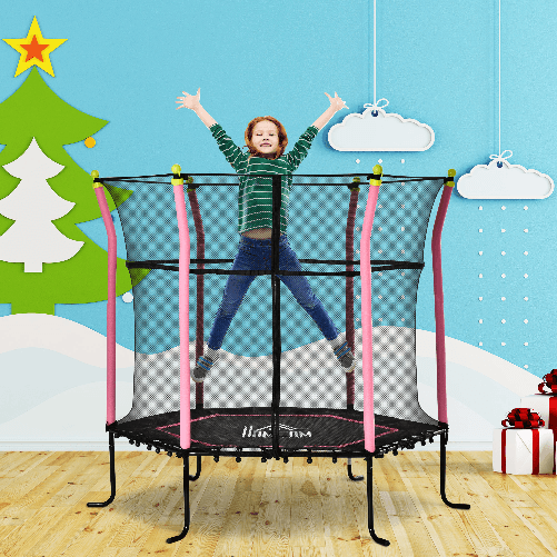 HOMCOM-Tappeto-Elastico-per-Bambini-3-10-Anni-con-Rete-di-Sicurezza-e-Corde-Elastiche-Trampolino-da-Giardino--160x163-5Acm-Rosa-e-Nero
