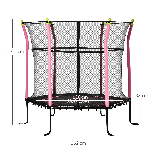HOMCOM-Tappeto-Elastico-per-Bambini-3-10-Anni-con-Rete-di-Sicurezza-e-Corde-Elastiche-Trampolino-da-Giardino--160x163-5Acm-Rosa-e-Nero