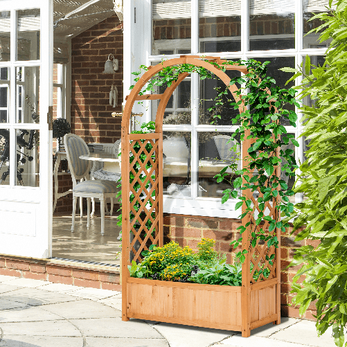 Outsunny-Fioriera-da-Esterno-a-Fondo-Cavo-in-Abete-Marrone-con-Arco-Decorativo-e-Grate-per-Rampicanti-83x36x152-cm
