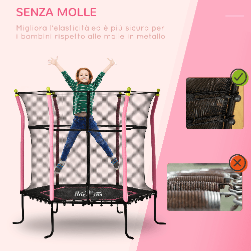 HOMCOM-Tappeto-Elastico-per-Bambini-3-10-Anni-con-Rete-di-Sicurezza-e-Corde-Elastiche-Trampolino-da-Giardino--160x163-5Acm-Rosa-e-Nero