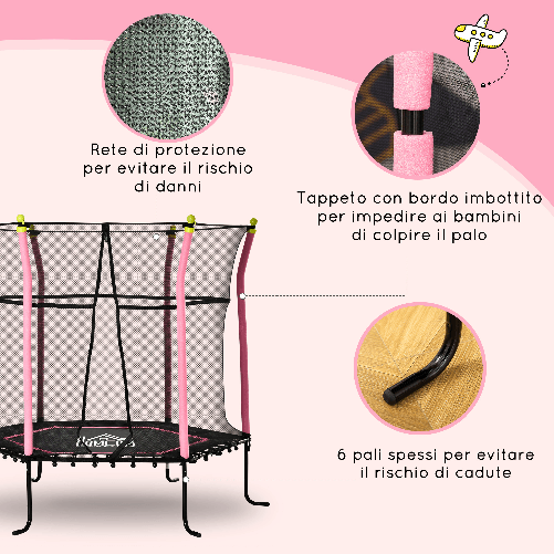 HOMCOM-Tappeto-Elastico-per-Bambini-3-10-Anni-con-Rete-di-Sicurezza-e-Corde-Elastiche-Trampolino-da-Giardino--160x163-5Acm-Rosa-e-Nero