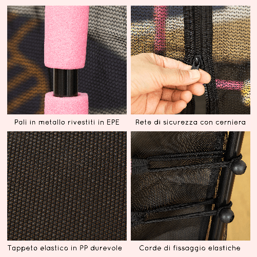 HOMCOM-Tappeto-Elastico-per-Bambini-3-10-Anni-con-Rete-di-Sicurezza-e-Corde-Elastiche-Trampolino-da-Giardino--160x163-5Acm-Rosa-e-Nero