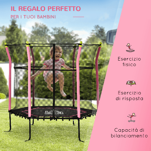 HOMCOM-Tappeto-Elastico-per-Bambini-3-10-Anni-con-Rete-di-Sicurezza-e-Corde-Elastiche-Trampolino-da-Giardino--160x163-5Acm-Rosa-e-Nero
