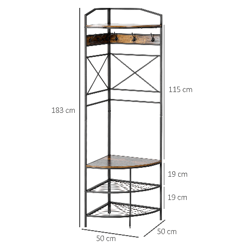 HOMCOM-Appendiabiti-da-Terra-Angolare-con-Panca-e-Scarpiera-in-Stile-Industriale-50x50x183cm-Marrone