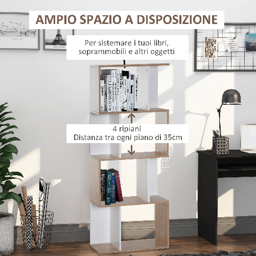 HOMCOM-Libreria-di-Design-Moderno-4-ripiani-Legno-Naturale-e-Bianco-60x24x148cm