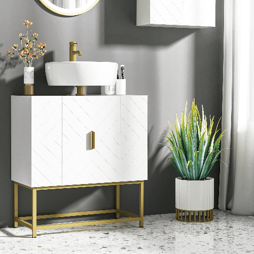 kleankin-Mobile-Bagno-Sottolavabo-con-Armadietto-2-Ante-in-Legno-e-Acciaio-60x30x65cm-Bianco-e-Oro