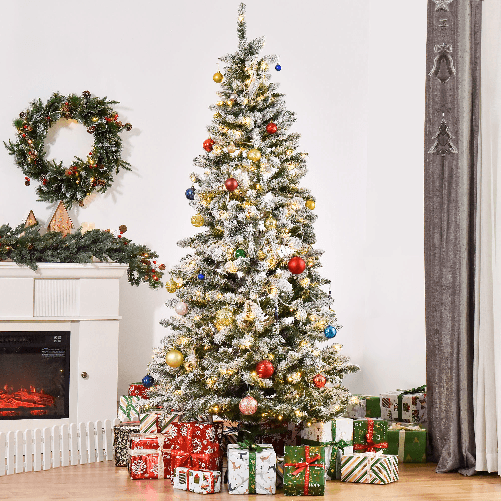 HOMCOM-Albero-di-Natale-Artificiale-Innevato-con-250-Luci-LED-Colorate-829-Rami-e-Base-Pieghevole--112x210cm---Verde