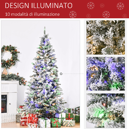 HOMCOM-Albero-di-Natale-Artificiale-Innevato-con-250-Luci-LED-Colorate-829-Rami-e-Base-Pieghevole--112x210cm---Verde