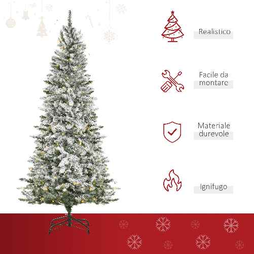 HOMCOM-Albero-di-Natale-Artificiale-Innevato-con-250-Luci-LED-Colorate-829-Rami-e-Base-Pieghevole--112x210cm---Verde