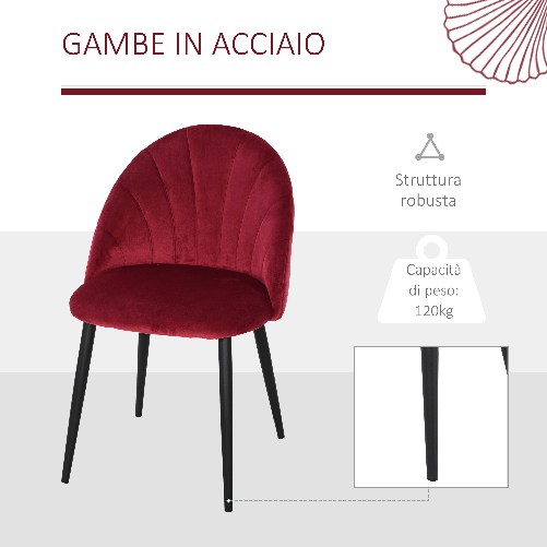 HOMCOM-Set-2-Sedie-Sala-da-Pranzo-e-Soggiorno-Imbottite-Design-Nordico-ed-Ergonomico-in-Metallo-e-Velluto-52x54x79-cm-Rosso-Scuro