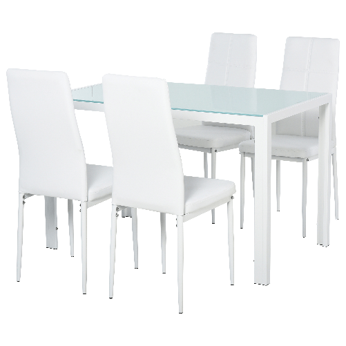 HOMCOM-Set-5-Pezzi-con-1-Tavolo-e-4-Sedie-per-Cucina-o-Sala-da-Pranzo-in-Similpelle-Metallo-e-Vetro-Temperato-Bianco