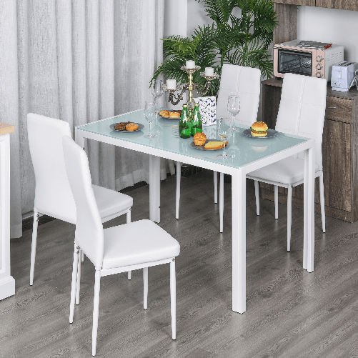 HOMCOM-Set-5-Pezzi-con-1-Tavolo-e-4-Sedie-per-Cucina-o-Sala-da-Pranzo-in-Similpelle-Metallo-e-Vetro-Temperato-Bianco