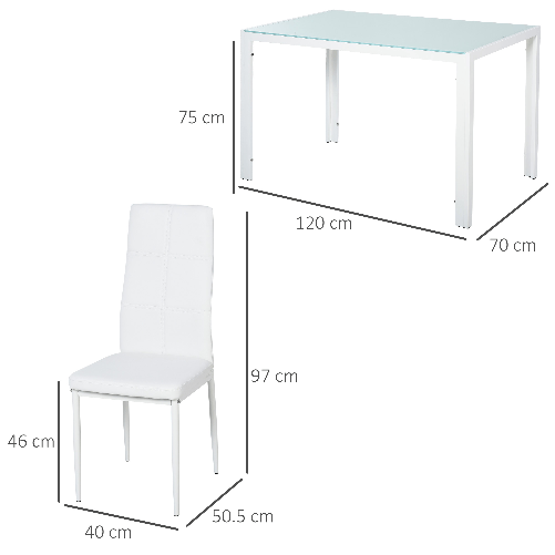 HOMCOM-Set-5-Pezzi-con-1-Tavolo-e-4-Sedie-per-Cucina-o-Sala-da-Pranzo-in-Similpelle-Metallo-e-Vetro-Temperato-Bianco