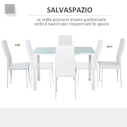 HOMCOM-Set-5-Pezzi-con-1-Tavolo-e-4-Sedie-per-Cucina-o-Sala-da-Pranzo-in-Similpelle-Metallo-e-Vetro-Temperato-Bianco