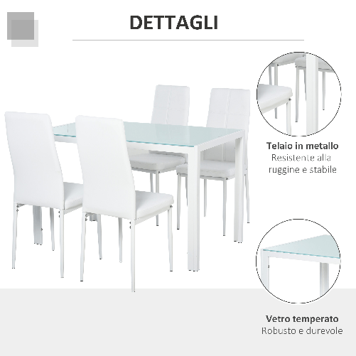 HOMCOM-Set-5-Pezzi-con-1-Tavolo-e-4-Sedie-per-Cucina-o-Sala-da-Pranzo-in-Similpelle-Metallo-e-Vetro-Temperato-Bianco