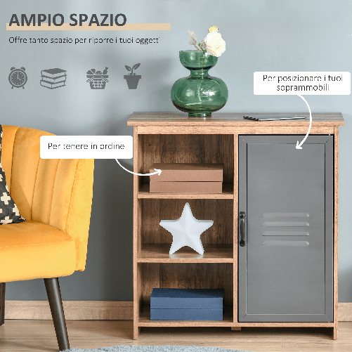 HOMCOM-Mobiletto-Multiuso-con-Ripiani-e-Armadietto-in-Legno-con-Anta-in-Metallo-Mobile-per-Soggiorno-e-Cucina-80x35x82cm-Marrone-Grigio