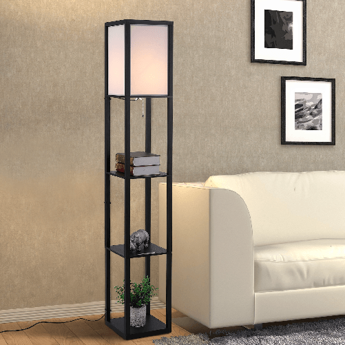 HOMCOM-Lampada-da-Terra-Moderna-Lampadina-Illuminazione-Interna-Salvaspazio-con-Ripiani-da-Soggiorno-Cotone-MDF-26-x-26-x-160-cm-Nero-e-Bianco