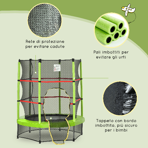 HOMCOM-Tappeto-Elastico-per-Bambini-da-3-Anni-senza-Molle-con-Rete-di-Protezione--140cm-Nero-Verde