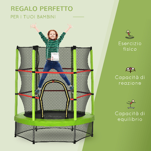 HOMCOM-Tappeto-Elastico-per-Bambini-da-3-Anni-senza-Molle-con-Rete-di-Protezione--140cm-Nero-Verde