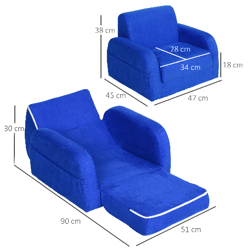 HOMCOM-Poltroncina-Letto-2-in-1-per-Cameretta-Bambini-con-Imbottitura-e-Rivestimento-Flanella-Blu-Max-65-kg-47x45x38cm