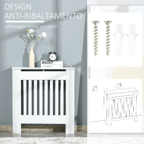 HOMCOM-Copritermosifone-in-Legno-MDF-Bianco-con-Doghe-Verticali-78x19x81cm