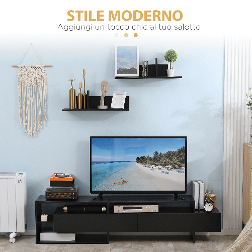 HOMCOM-Mobile-Porta-TV-Moderno-con-2-Mensole-in-Legno-Vani-Aperti-e-Armadietti-Nero