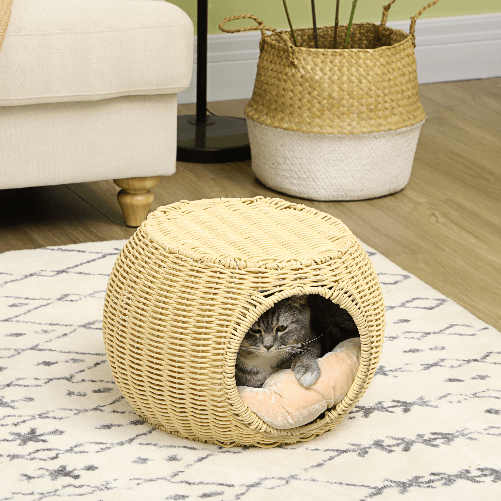 Pawhut-Casetta-per-Gatti-a-2-Livelli-in-Rattan-PE-con-Cuscino-Lavabile--40x30-cm-Beige