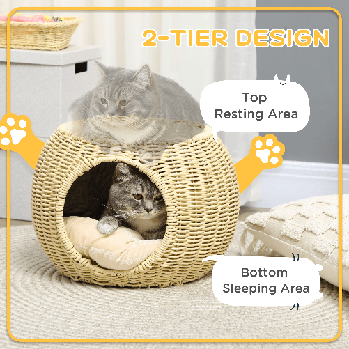 Pawhut-Casetta-per-Gatti-a-2-Livelli-in-Rattan-PE-con-Cuscino-Lavabile--40x30-cm-Beige