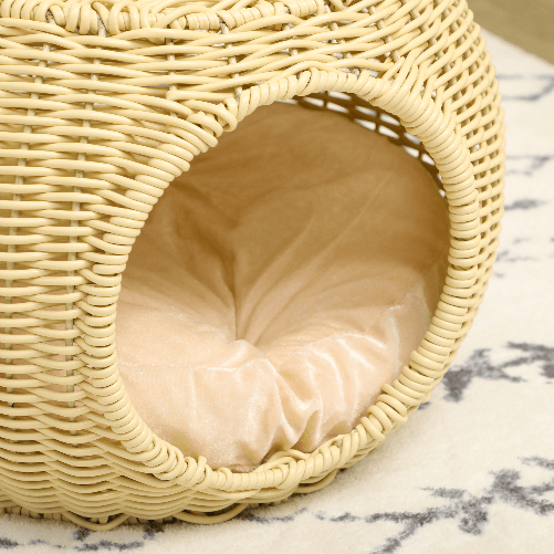 Pawhut-Casetta-per-Gatti-a-2-Livelli-in-Rattan-PE-con-Cuscino-Lavabile--40x30-cm-Beige