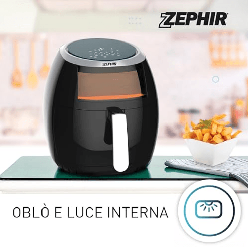 Zephir-Friggitrice-ad-Aria-6L-1800W-Doppio-Cestello-Estraibile-Antiaderente-Oblo-trasparente-Display-LED-8-Programmi-di-cottura-Temperatura-regolabile-Timer-60-minuti-