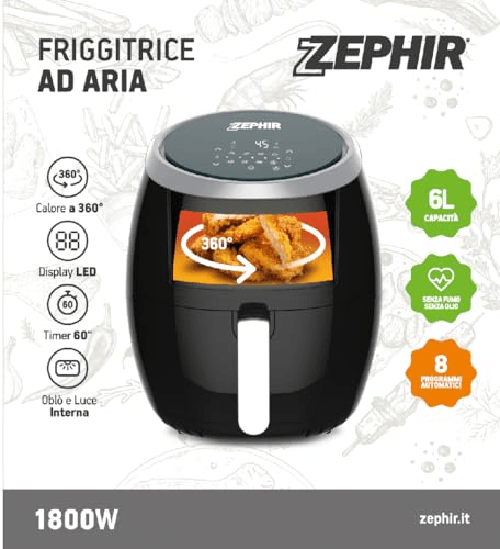 Zephir-Friggitrice-ad-Aria-6L-1800W-Doppio-Cestello-Estraibile-Antiaderente-Oblo-trasparente-Display-LED-8-Programmi-di-cottura-Temperatura-regolabile-Timer-60-minuti-