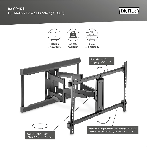 DIGITUS-Supporto-a-parete-per-TV-Full-Motion---per-TV-o-monitor-da-37-80----carico-massimo-60-kg---VESA-da-200x100-a-600x400---estensibile-orientabile-inclinabile---gestione-cavi-integrata---nero