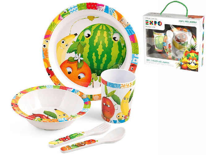 Pengo-set-5-pz-per-bambini-Multicolore-composto-da-un-piatto-piano---piatto-fondo---bicchiere---cucchiaio-e-forchetta