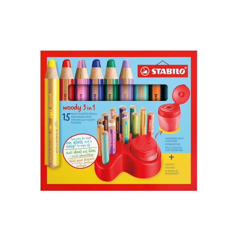 Stabilo-Woody-3-in-1-Set-da-Tavola-15-Matite-Colorate---Temperamatite-con-Contenitore---10x-Woody-3-in-1-2x-Woody-3-in-1-Pastello-3x-Woody-3-in-1-Duo