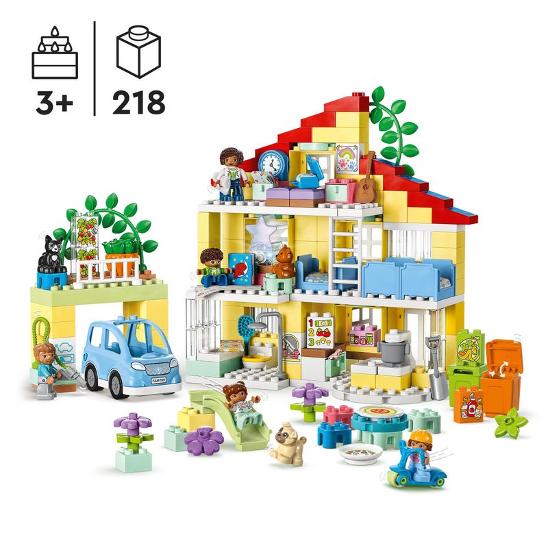 LEGO-DUPLO-10994-Casetta-3-in-1-Casa-delle-Bambole-Auto-Push-and-Go-7-Figure-e-Mattoncino-Luminoso-per-Bambini-da-3--Anni