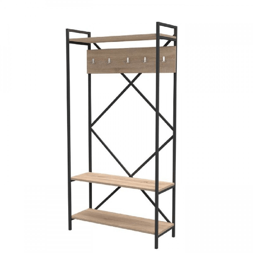 Scaffale per Ingresso Metallo e Legno Rovere Moderno Appendiabiti Ganci