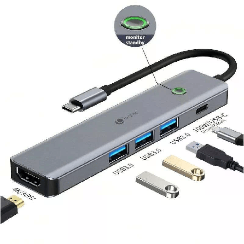 Leotec-5-in-1-da-USB-C-a-1xHDMI-3xUSB-A-3.0-1xPD-100W-adattatore-USB-C---Grigio