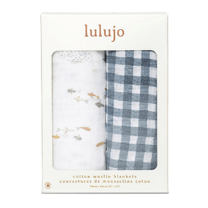 Set di 2 Copertine Swaddle Pesci Quadretti Navy