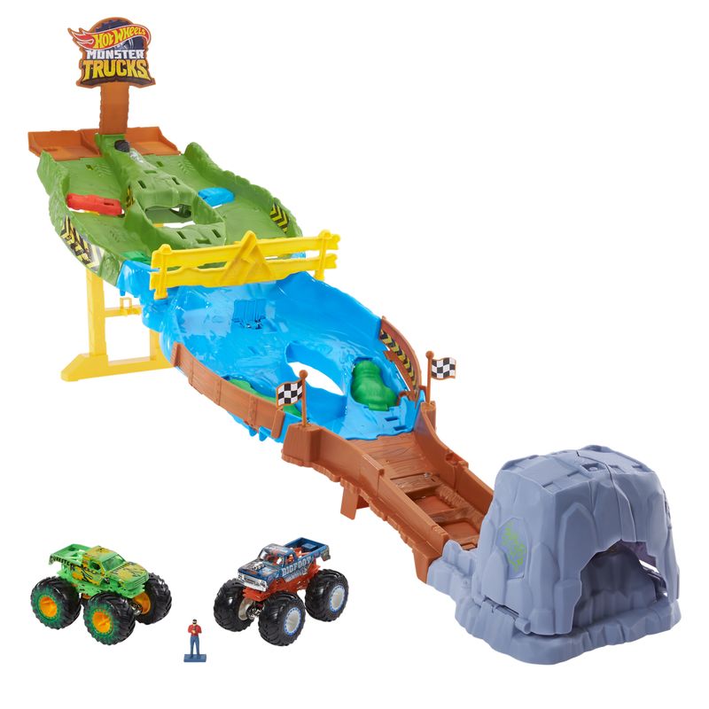 Hot-Wheels-Monster-Trucks-Torneo-dei-Titani-Playset-con-Monster-Truck-Bigfoot-e-Gunkster-per-sfide-testa-a-testa--giocattolo-per-bambini-4--anni