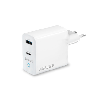 Fonex caricatore da rete 65W GaN con porta USB + Type-C (PD) | Bianco