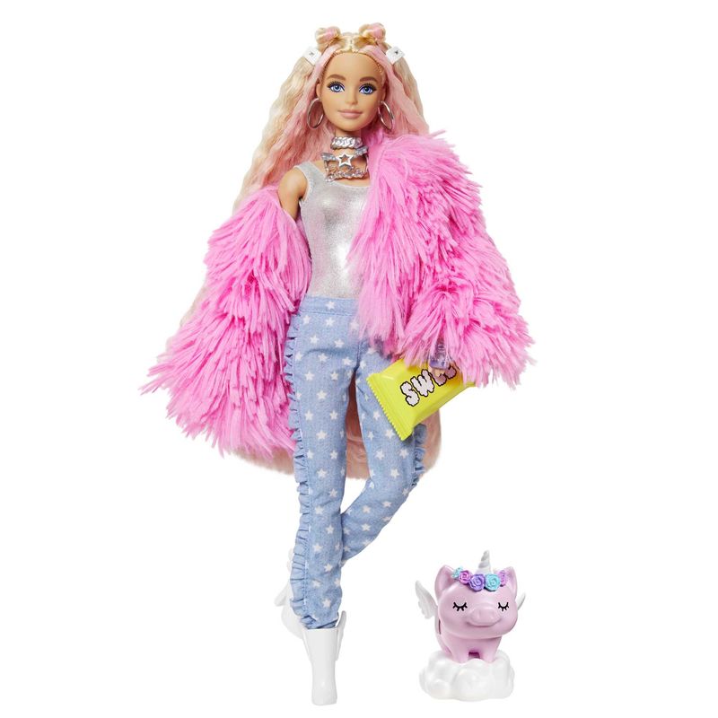 Barbie-Extra-Doll--3-in-Pink-Coat-with-Pet-Unicorn-Pig