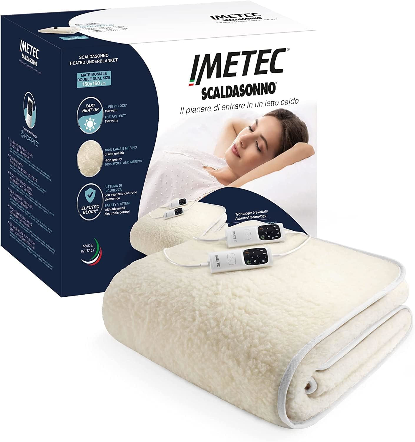 Imetec Scaldasonno Adapto matrimoniale 150 x 160 cm, Basso consumo, Riscaldamento rapido, Temperatura personalizzata