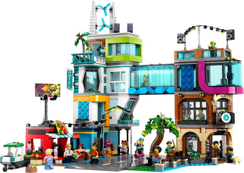 LEGO-City-60380-Downtown-Modular-Building-Set-con-Negozio-Barbiere-Studio-Blogging-Hotel-Discoteca-e-14-Minifigure