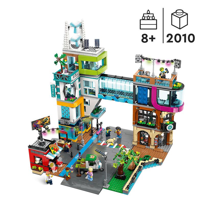 LEGO-City-60380-Downtown-Modular-Building-Set-con-Negozio-Barbiere-Studio-Blogging-Hotel-Discoteca-e-14-Minifigure