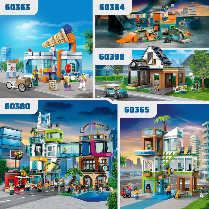 LEGO-City-60380-Downtown-Modular-Building-Set-con-Negozio-Barbiere-Studio-Blogging-Hotel-Discoteca-e-14-Minifigure