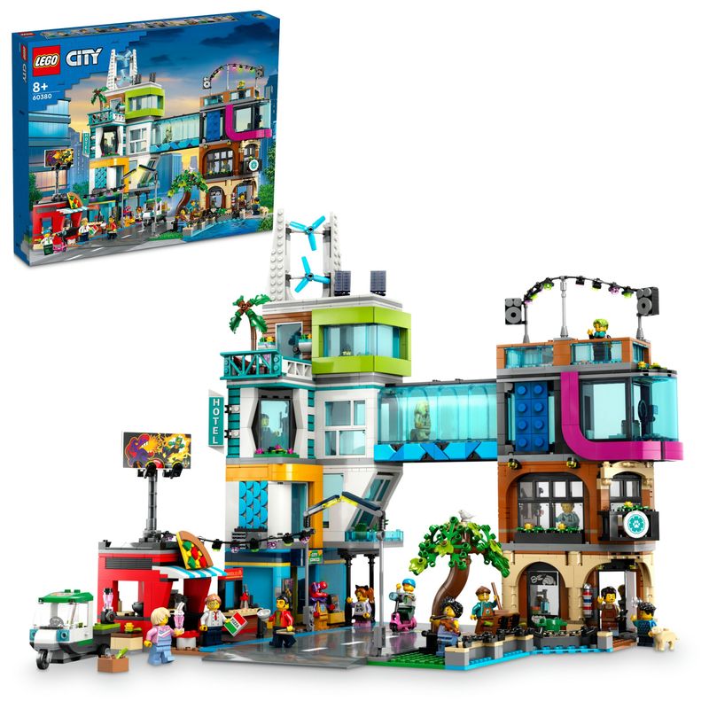 LEGO-City-60380-Downtown-Modular-Building-Set-con-Negozio-Barbiere-Studio-Blogging-Hotel-Discoteca-e-14-Minifigure